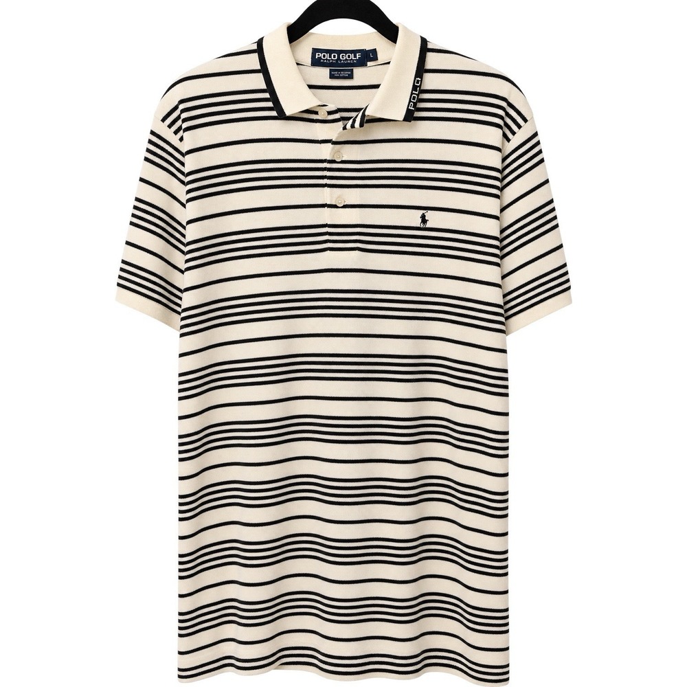 Vintage Polo Golf Ralph Lauren Mens L Cream Black Striped Cotton Polo Shirt